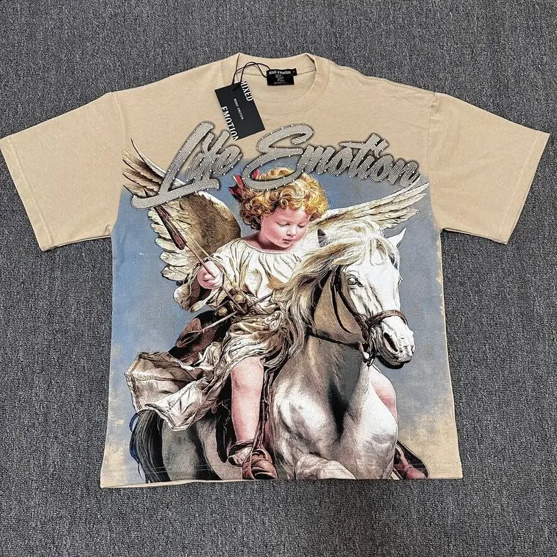 2026 MIXED EMOTION Rhinestone Short Sleeve Men Women Tshirt Streetwear Cotton Loose Round Neck Top Tees Oversized Tee Top Trendy