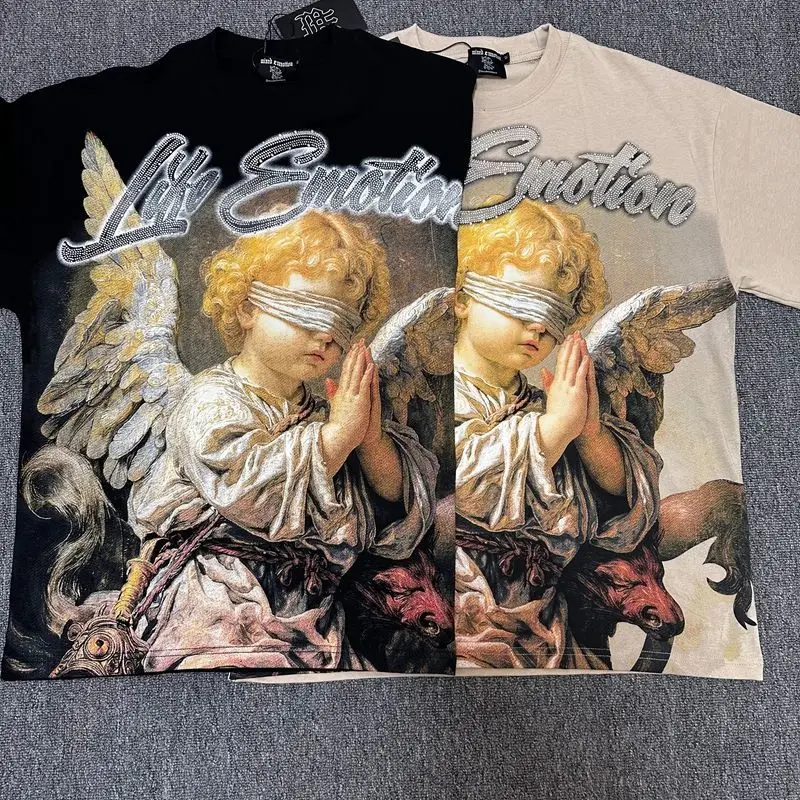 2026 MIXED EMOTION Rhinestone Short Sleeve Men Women Tshirt Streetwear Cotton Loose Round Neck Top Tees Oversized Tee Top Trendy