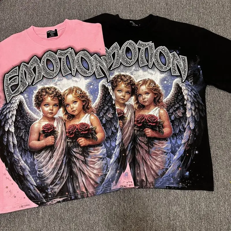 2026 MIXED EMOTION Rhinestone Short Sleeve Men Women Tshirt Streetwear Cotton Loose Round Neck Top Tees Oversized Tee Top Trendy