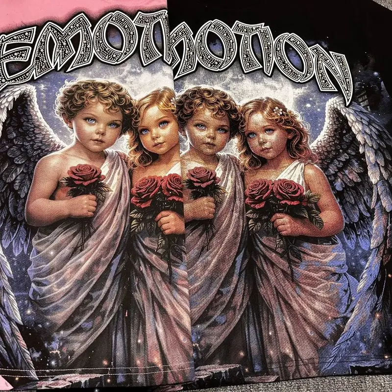 2026 MIXED EMOTION Rhinestone Short Sleeve Men Women Tshirt Streetwear Cotton Loose Round Neck Top Tees Oversized Tee Top Trendy