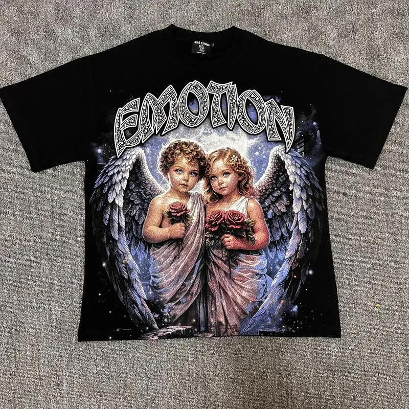 2026 MIXED EMOTION Rhinestone Short Sleeve Men Women Tshirt Streetwear Cotton Loose Round Neck Top Tees Oversized Tee Top Trendy