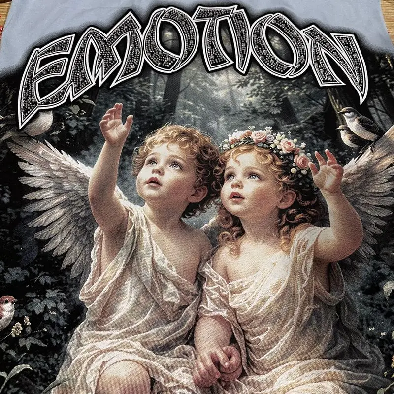 2026 MIXED EMOTION Rhinestone Short Sleeve Men Women Tshirt Streetwear Cotton Loose Round Neck Top Tees Oversized Tee Top Trendy