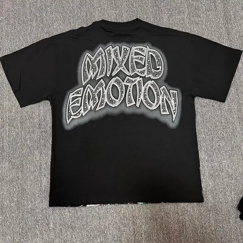 2026 MIXED EMOTION Rhinestone Short Sleeve Men Women Tshirt Streetwear Cotton Loose Round Neck Top Tees Oversized Tee Top Trendy