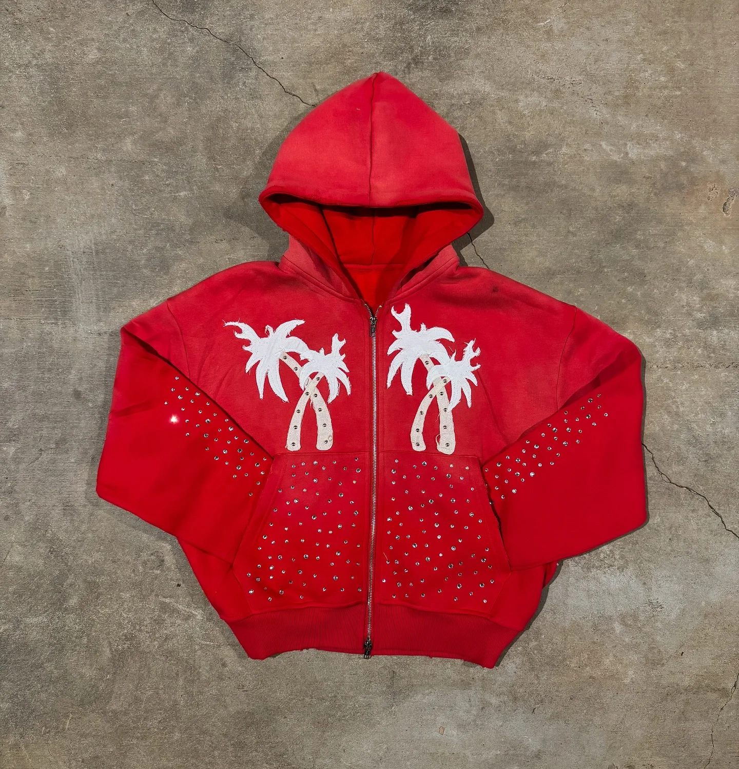 America Harajuku Palm Tree Letter Embroidery Loose Hoodie Y2k Hip Hop Fashion Sequin Splice Women Sweatshirt Street Men Clothing