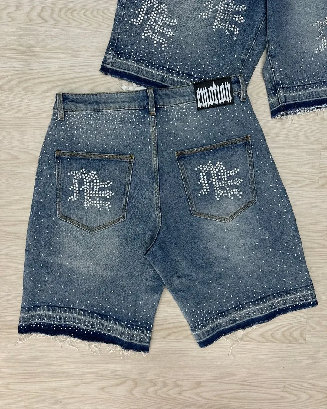 Mixed Emotion Streetwear American Retro Jeans Men's Hip Hop Sequined Shiny Denim Shorts Vintage Washed Blue Baggy Shorts