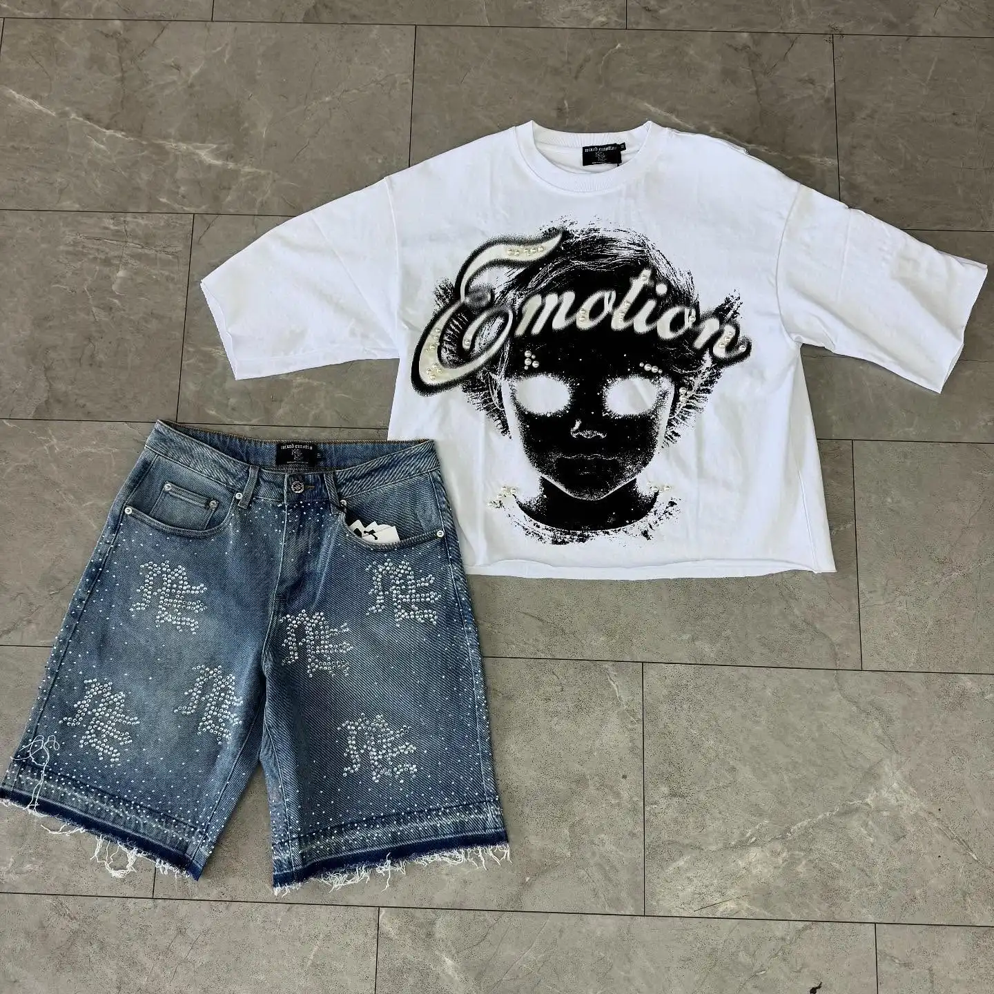 Mixed Emotion Streetwear American Retro Jeans Men's Hip Hop Sequined Shiny Denim Shorts Vintage Washed Blue Baggy Shorts
