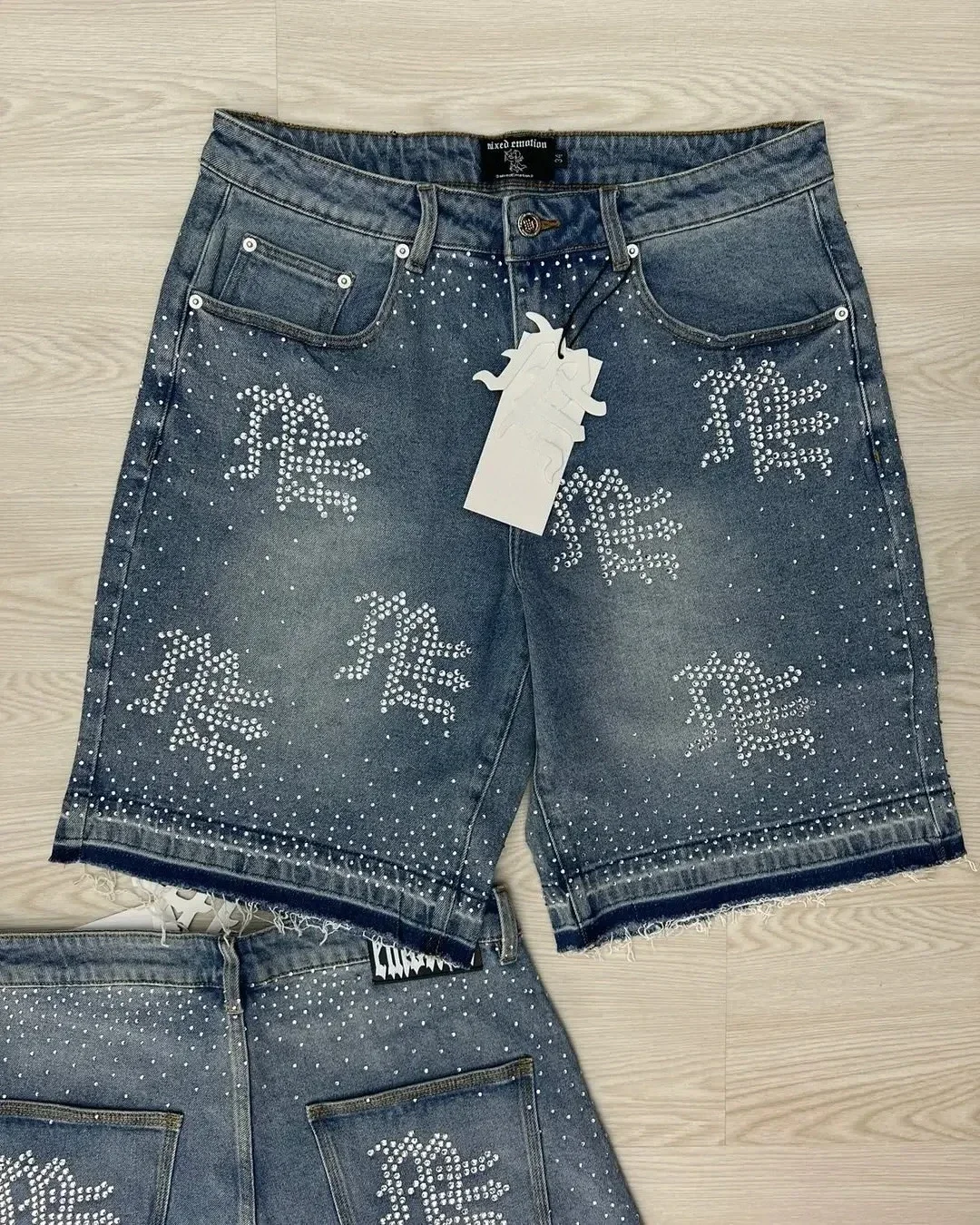 Mixed Emotion Streetwear American Retro Jeans Men's Hip Hop Sequined Shiny Denim Shorts Vintage Washed Blue Baggy Shorts