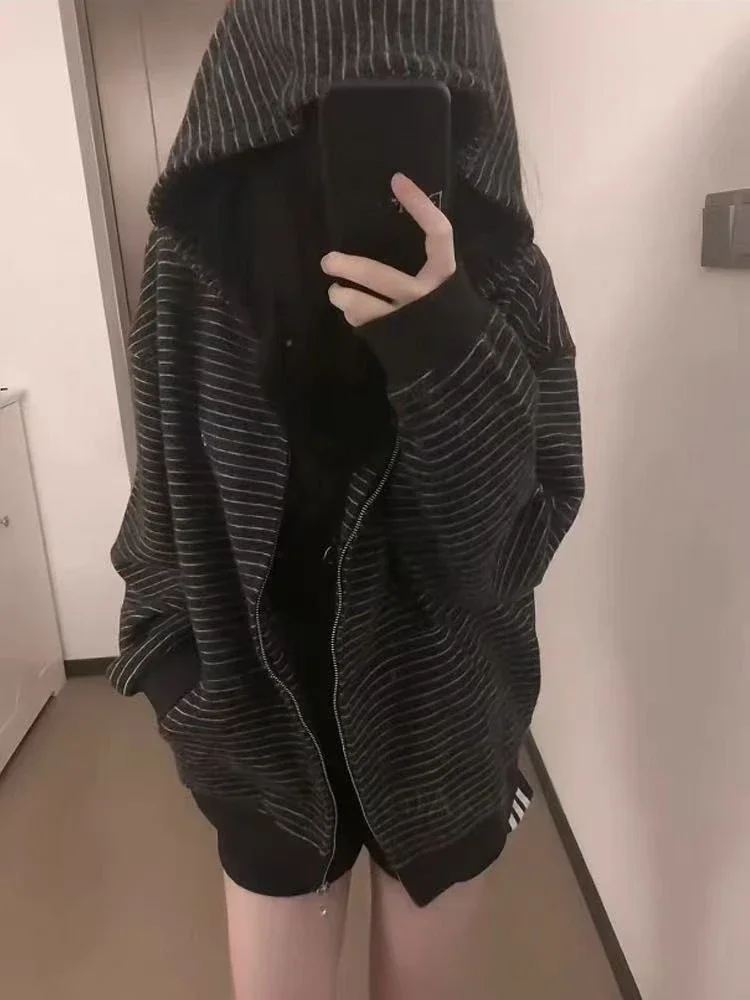 2000S American Vintage Striped Loose Long Sleeve Hooded Sweatshirt Y2k Subculture Casual Zip Up Hooded Cardigan Harajuku Coats