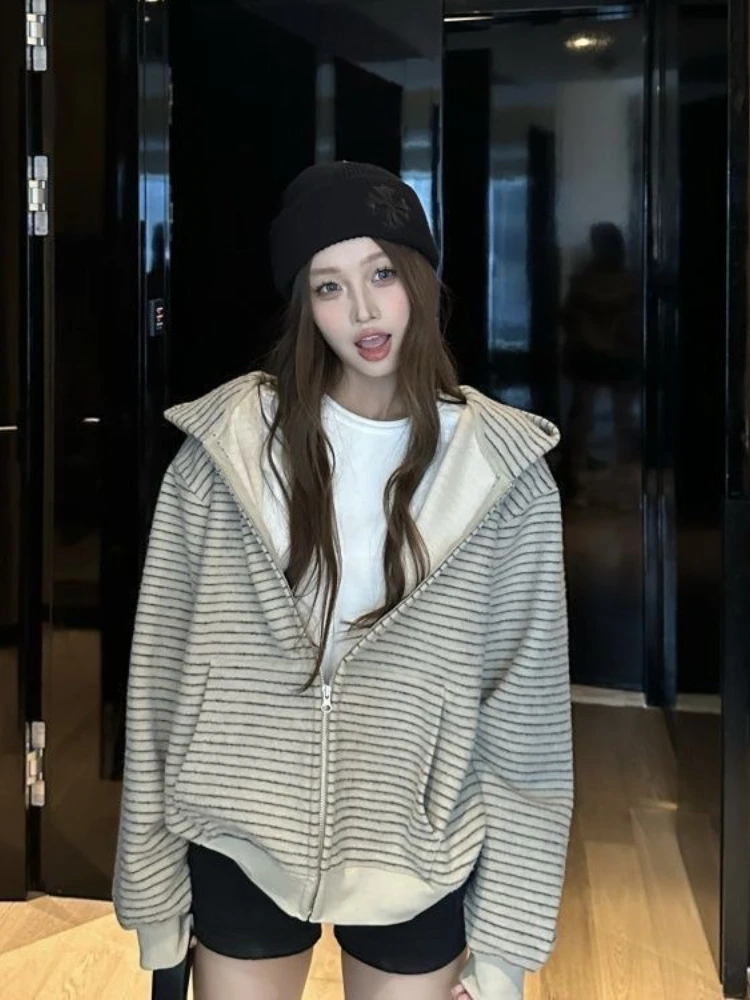 2000S American Vintage Striped Loose Long Sleeve Hooded Sweatshirt Y2k Subculture Casual Zip Up Hooded Cardigan Harajuku Coats