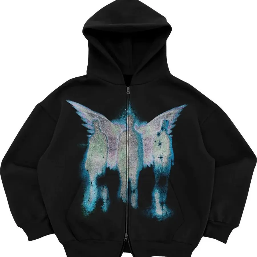 Street sports zipper printed cardigan 2024 new street trend hooded sweatshirt fashion men's Y2K loose retro pocket sweatshirt