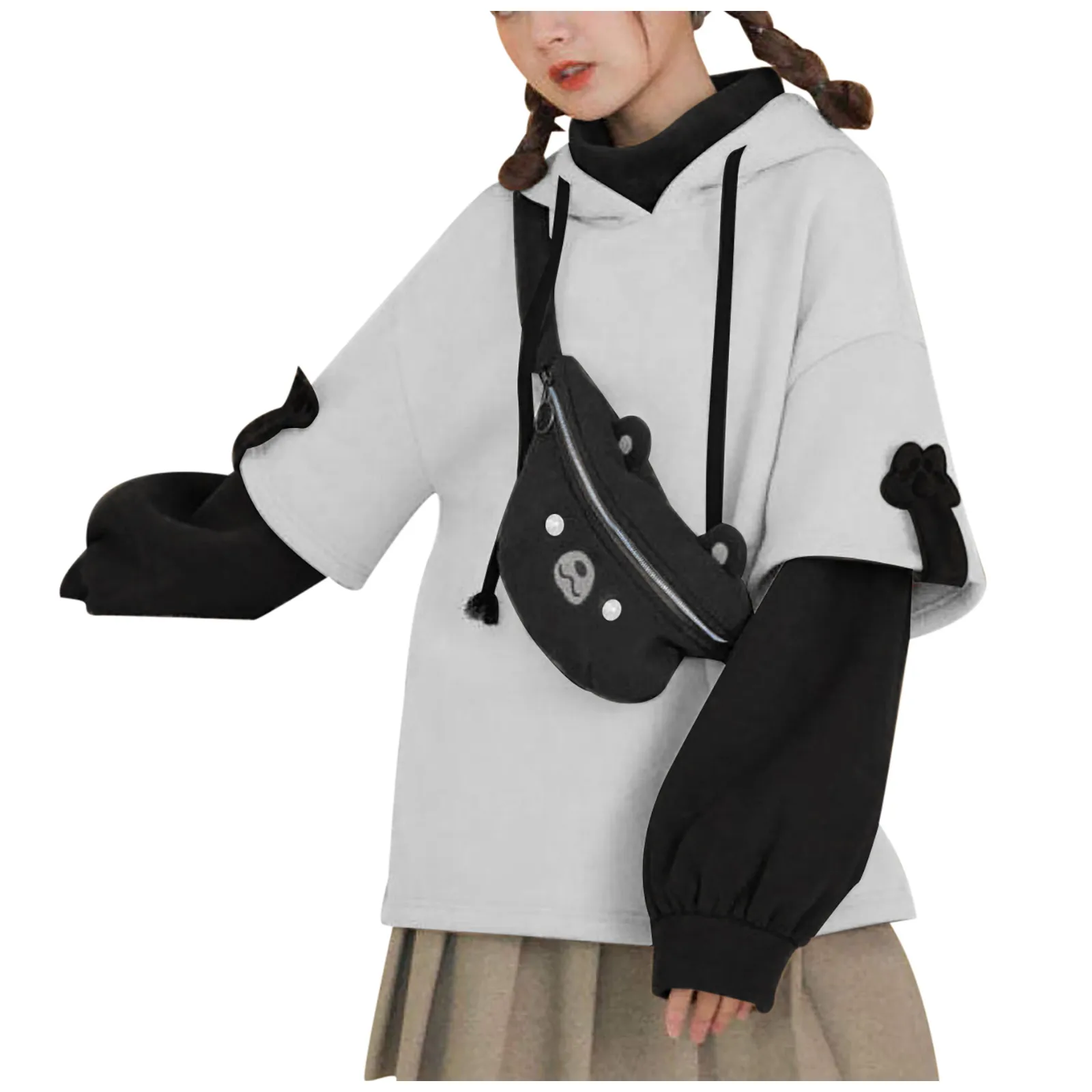 Bear Hoodie For Womens Autumn Casual Fashion Oversized Color Block Sweatshirt Unisex Long Sleeve Hooded Y2k Streetwear свитшот