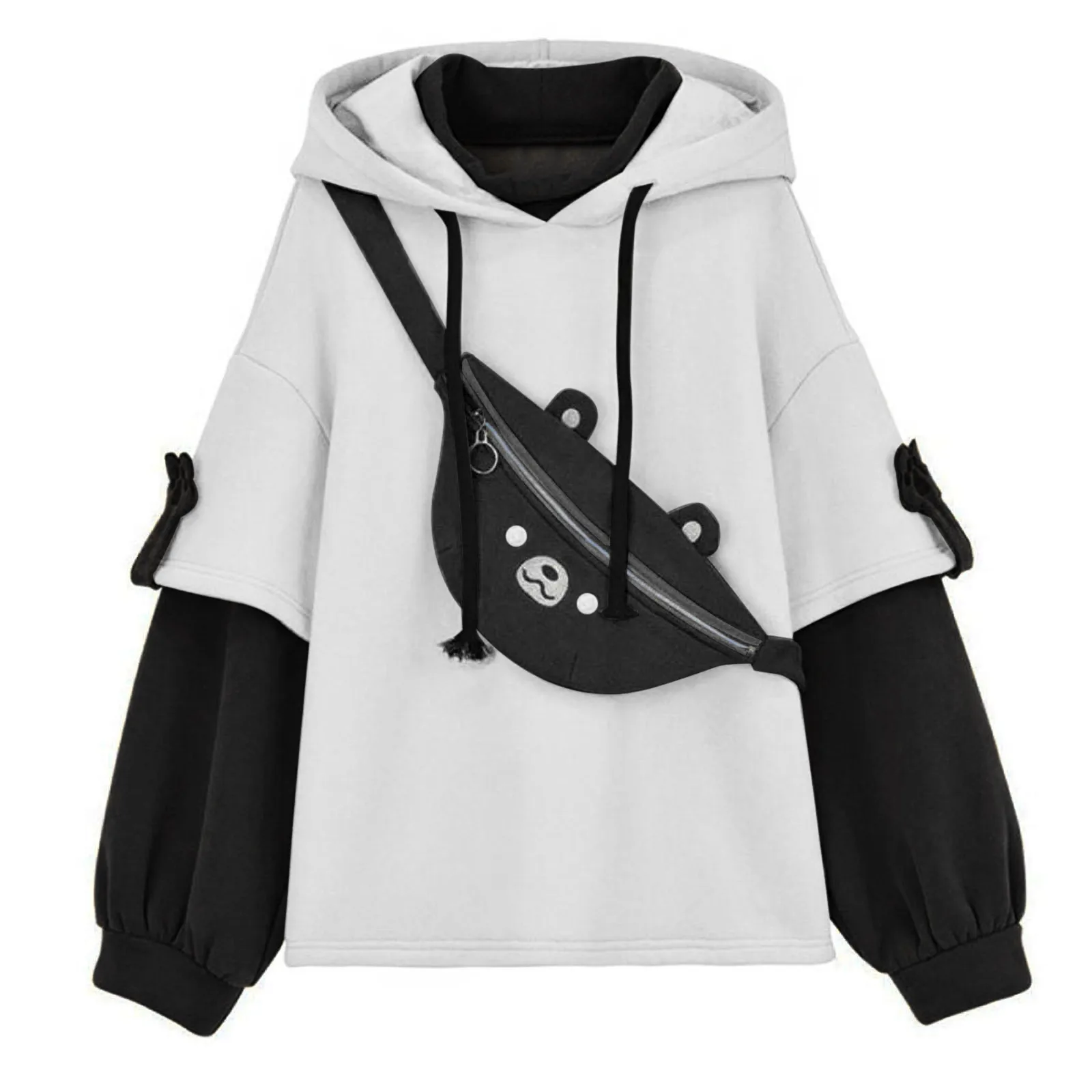 Bear Hoodie For Womens Autumn Casual Fashion Oversized Color Block Sweatshirt Unisex Long Sleeve Hooded Y2k Streetwear свитшот