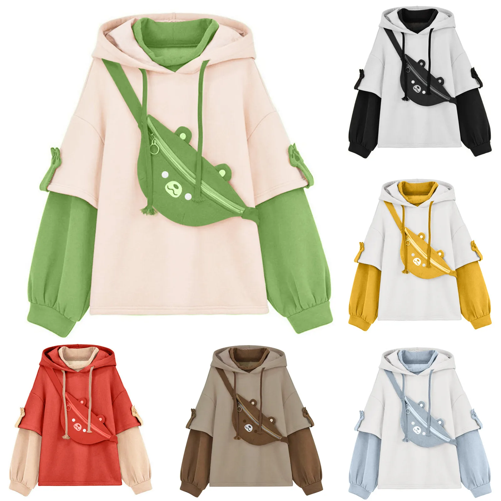 Bear Hoodie For Womens Autumn Casual Fashion Oversized Color Block Sweatshirt Unisex Long Sleeve Hooded Y2k Streetwear свитшот