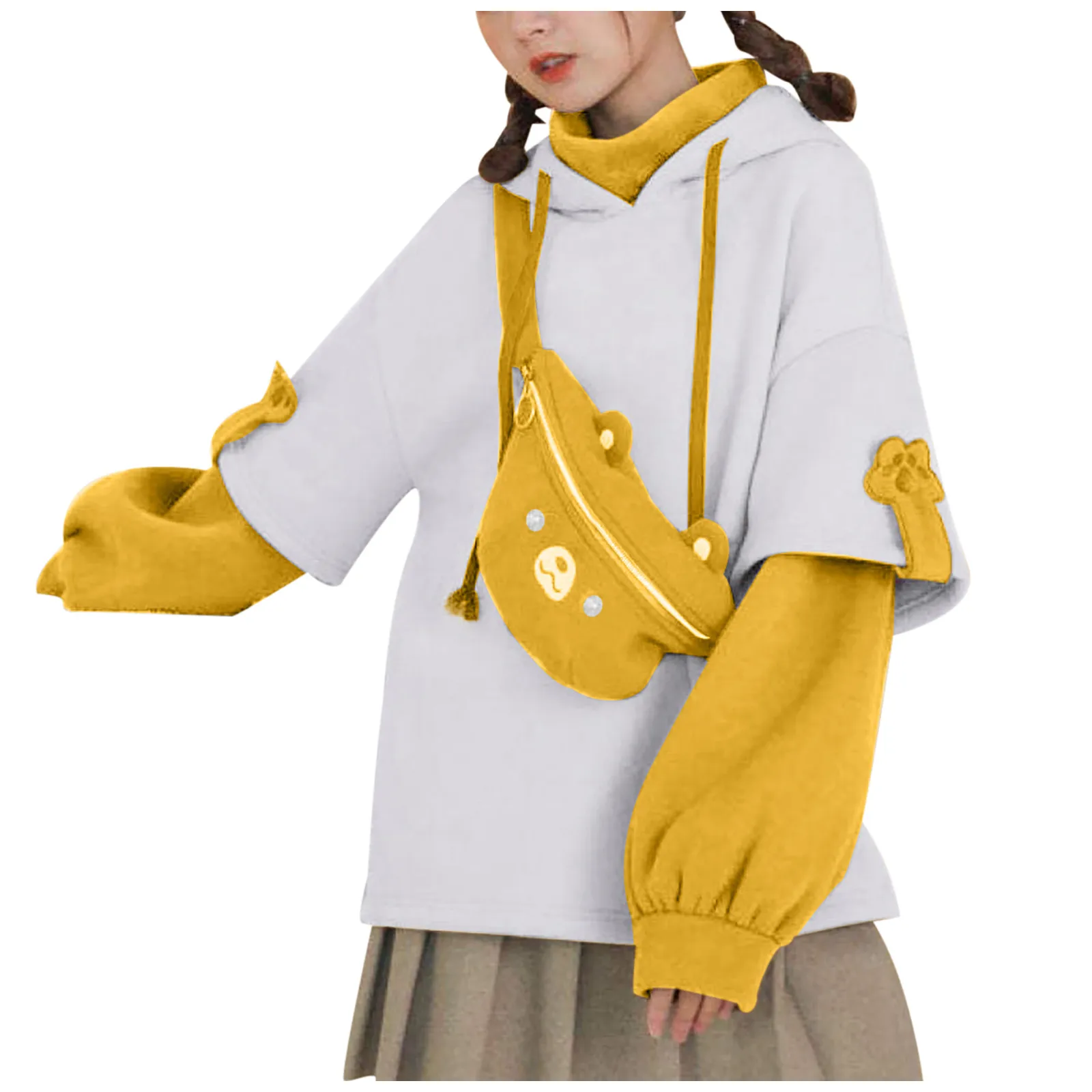 Bear Hoodie For Womens Autumn Casual Fashion Oversized Color Block Sweatshirt Unisex Long Sleeve Hooded Y2k Streetwear свитшот