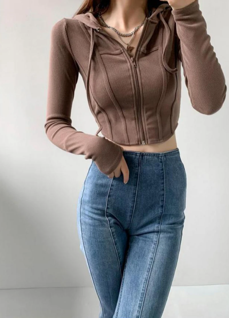 Fashion Slim Short Zip-up Sweatshirts Women Sexy Solid Color Crop Tops Hooded Cardigans Korean Streetwear Hoodies Female