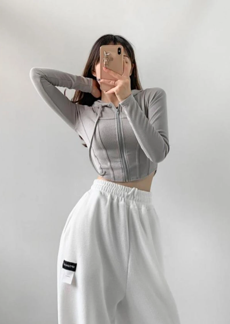 Fashion Slim Short Zip-up Sweatshirts Women Sexy Solid Color Crop Tops Hooded Cardigans Korean Streetwear Hoodies Female