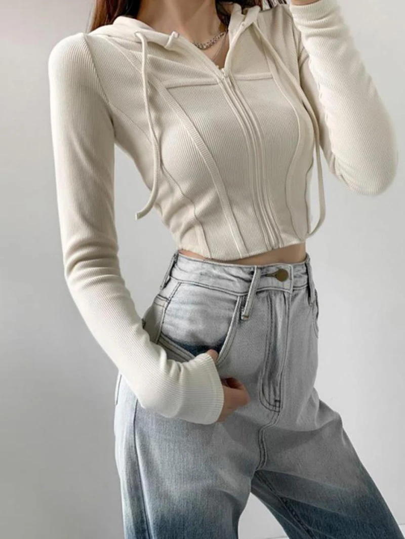Fashion Slim Short Zip-up Sweatshirts Women Sexy Solid Color Crop Tops Hooded Cardigans Korean Streetwear Hoodies Female