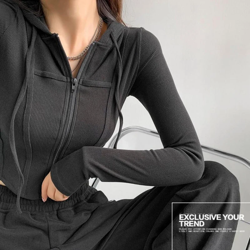 Fashion Slim Short Zip-up Sweatshirts Women Sexy Solid Color Crop Tops Hooded Cardigans Korean Streetwear Hoodies Female