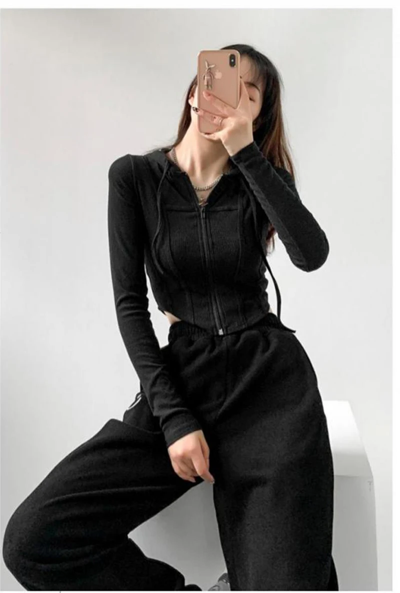 Fashion Slim Short Zip-up Sweatshirts Women Sexy Solid Color Crop Tops Hooded Cardigans Korean Streetwear Hoodies Female