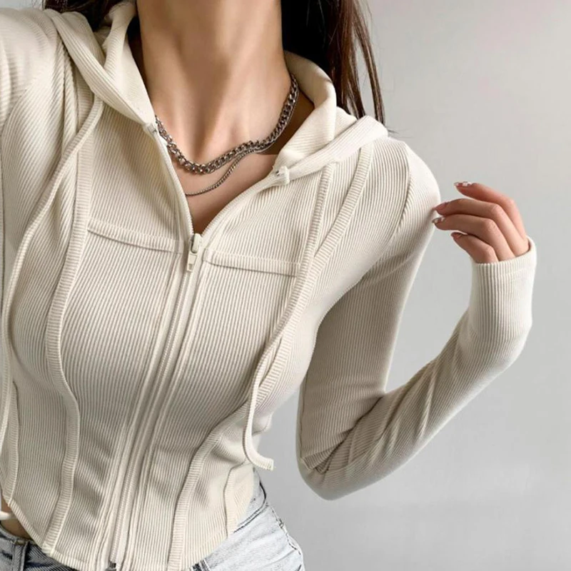 Fashion Slim Short Zip-up Sweatshirts Women Sexy Solid Color Crop Tops Hooded Cardigans Korean Streetwear Hoodies Female