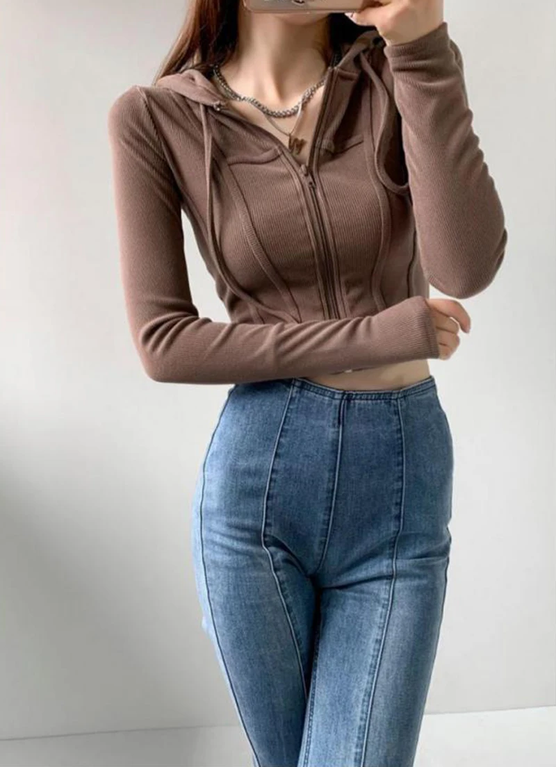Fashion Slim Short Zip-up Sweatshirts Women Sexy Solid Color Crop Tops Hooded Cardigans Korean Streetwear Hoodies Female