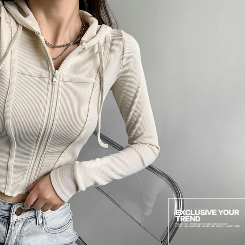 Fashion Slim Short Zip-up Sweatshirts Women Sexy Solid Color Crop Tops Hooded Cardigans Korean Streetwear Hoodies Female