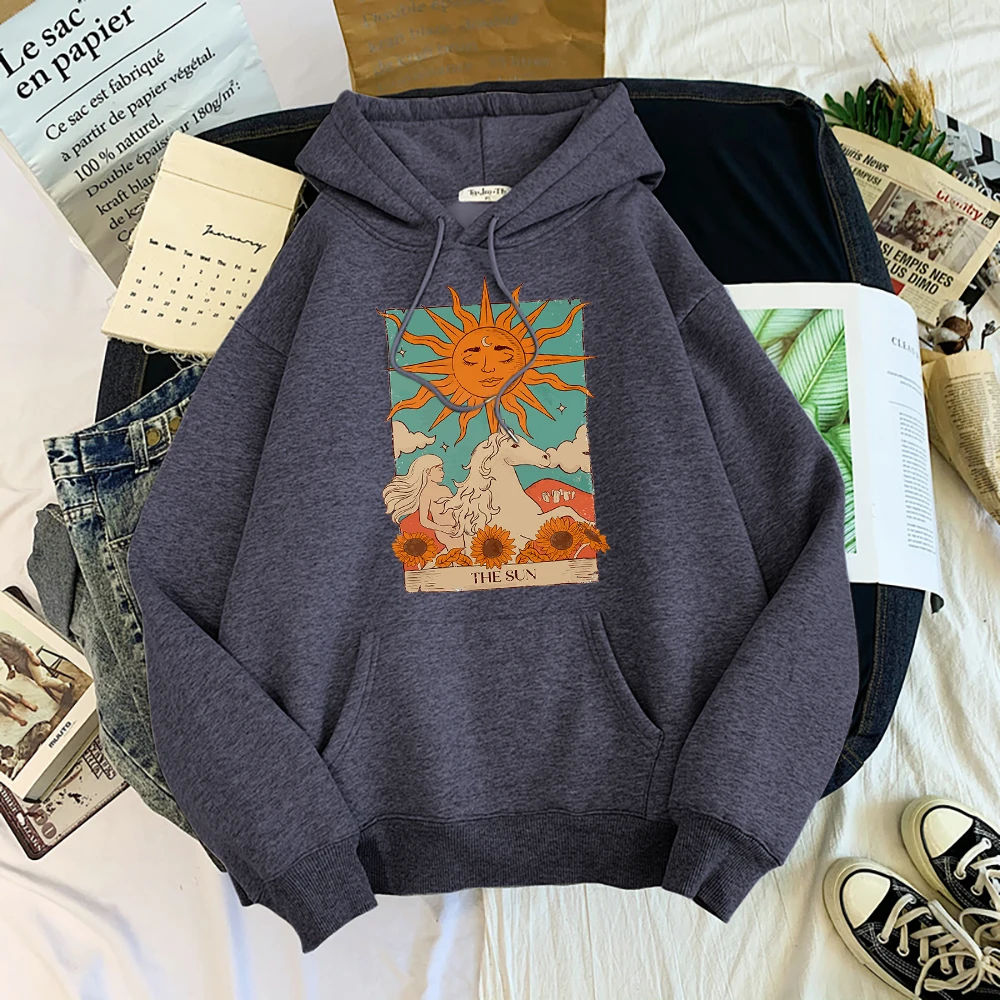 Tarot Card Art The Sun Prints Female Hoodies Fashion Casual Sportshirt Oversize Loose Sweatshirts Warm Fleece Woman Clothing