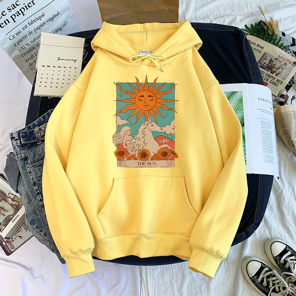Tarot Card Art The Sun Prints Female Hoodies Fashion Casual Sportshirt Oversize Loose Sweatshirts Warm Fleece Woman Clothing