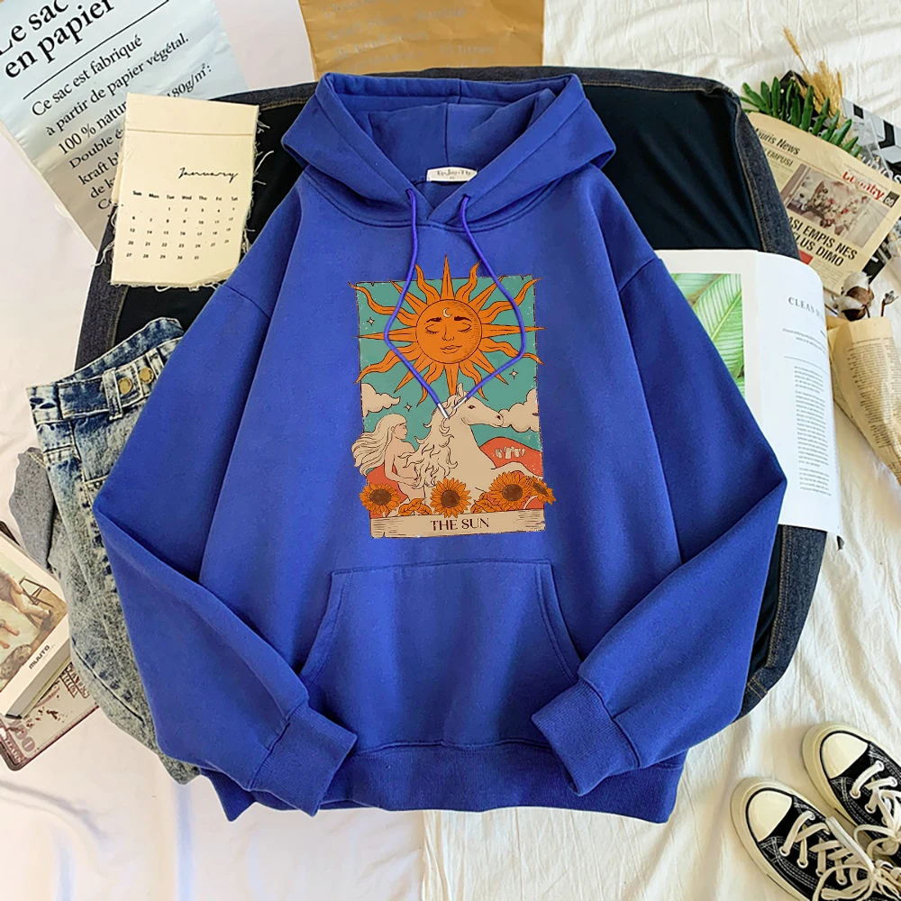 Tarot Card Art The Sun Prints Female Hoodies Fashion Casual Sportshirt Oversize Loose Sweatshirts Warm Fleece Woman Clothing
