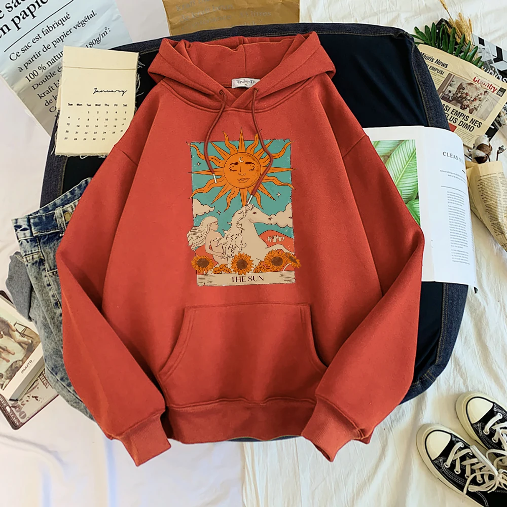 Tarot Card Art The Sun Prints Female Hoodies Fashion Casual Sportshirt Oversize Loose Sweatshirts Warm Fleece Woman Clothing