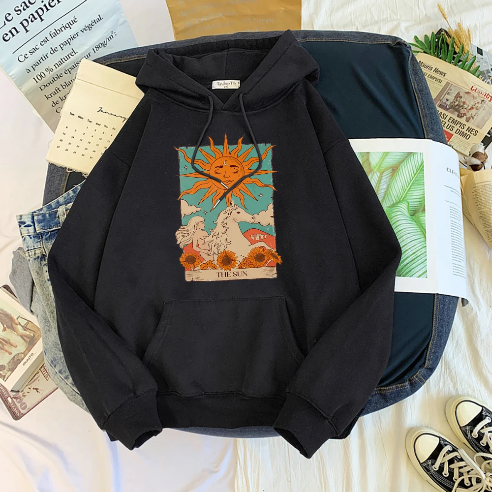 Tarot Card Art The Sun Prints Female Hoodies Fashion Casual Sportshirt Oversize Loose Sweatshirts Warm Fleece Woman Clothing