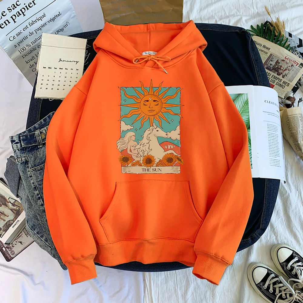 Tarot Card Art The Sun Prints Female Hoodies Fashion Casual Sportshirt Oversize Loose Sweatshirts Warm Fleece Woman Clothing