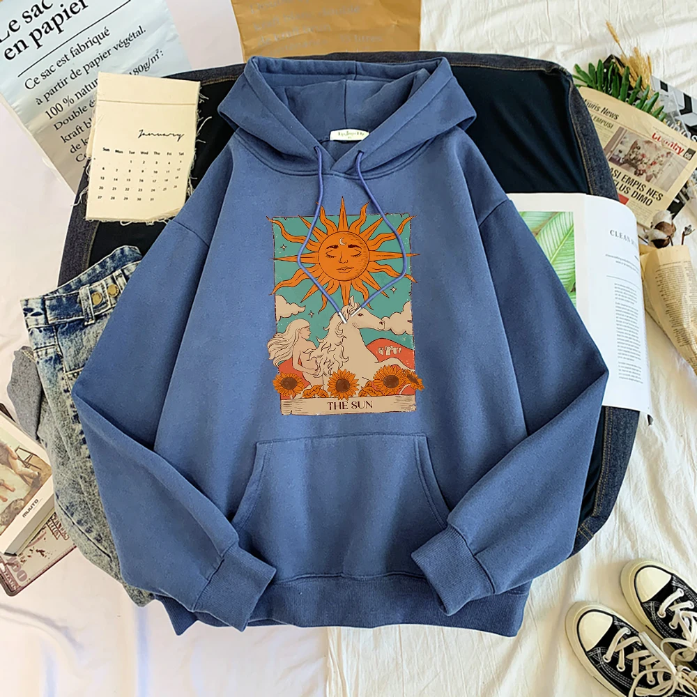 Tarot Card Art The Sun Prints Female Hoodies Fashion Casual Sportshirt Oversize Loose Sweatshirts Warm Fleece Woman Clothing