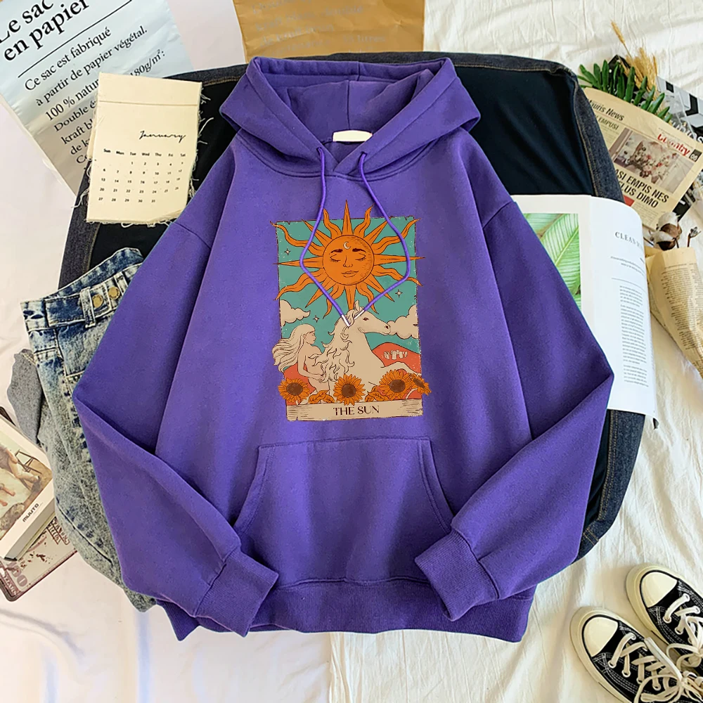 Tarot Card Art The Sun Prints Female Hoodies Fashion Casual Sportshirt Oversize Loose Sweatshirts Warm Fleece Woman Clothing