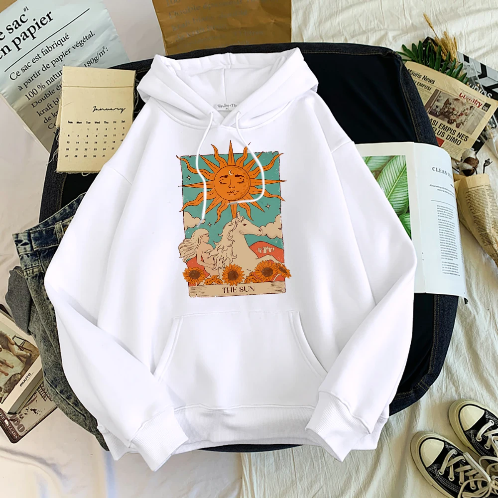 Tarot Card Art The Sun Prints Female Hoodies Fashion Casual Sportshirt Oversize Loose Sweatshirts Warm Fleece Woman Clothing