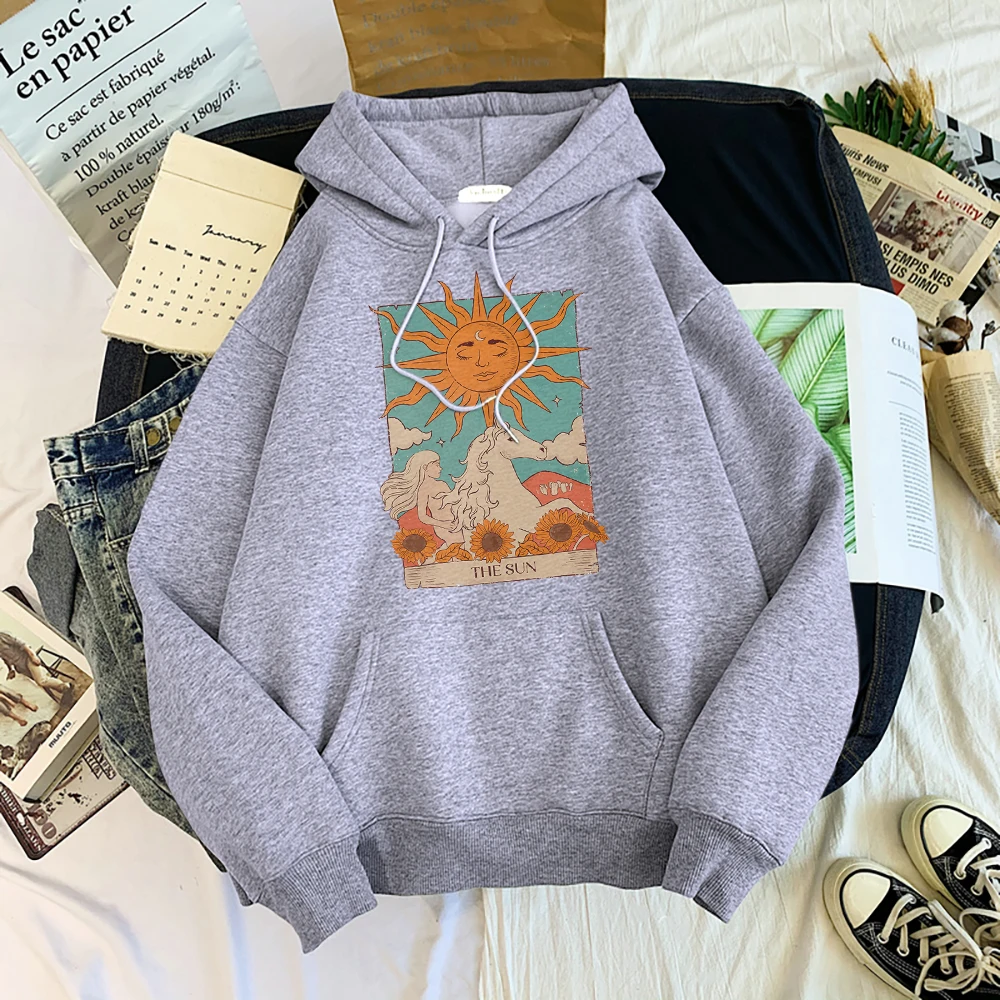 Tarot Card Art The Sun Prints Female Hoodies Fashion Casual Sportshirt Oversize Loose Sweatshirts Warm Fleece Woman Clothing