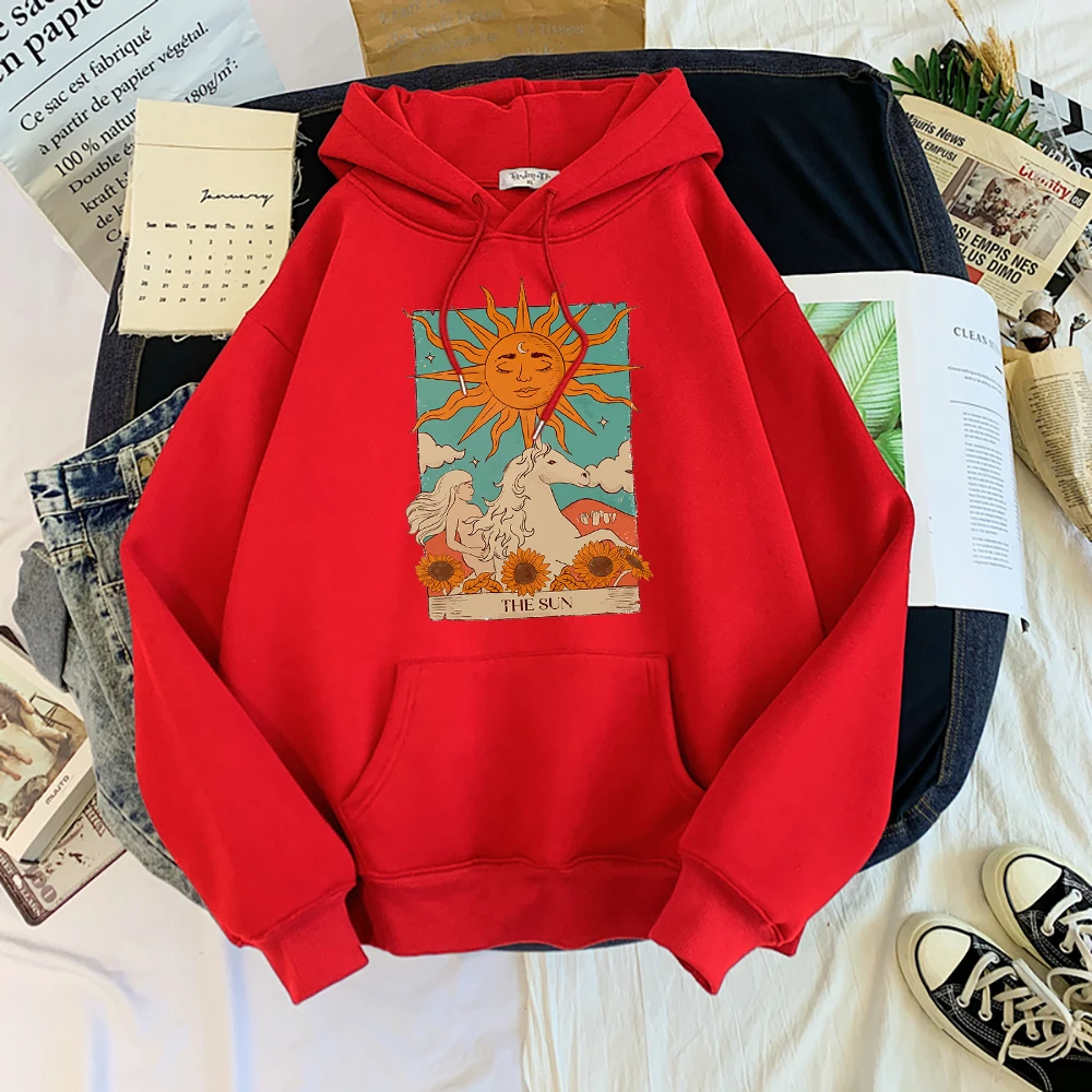 Tarot Card Art The Sun Prints Female Hoodies Fashion Casual Sportshirt Oversize Loose Sweatshirts Warm Fleece Woman Clothing