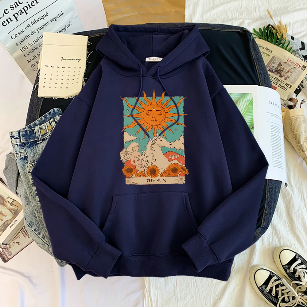 Tarot Card Art The Sun Prints Female Hoodies Fashion Casual Sportshirt Oversize Loose Sweatshirts Warm Fleece Woman Clothing