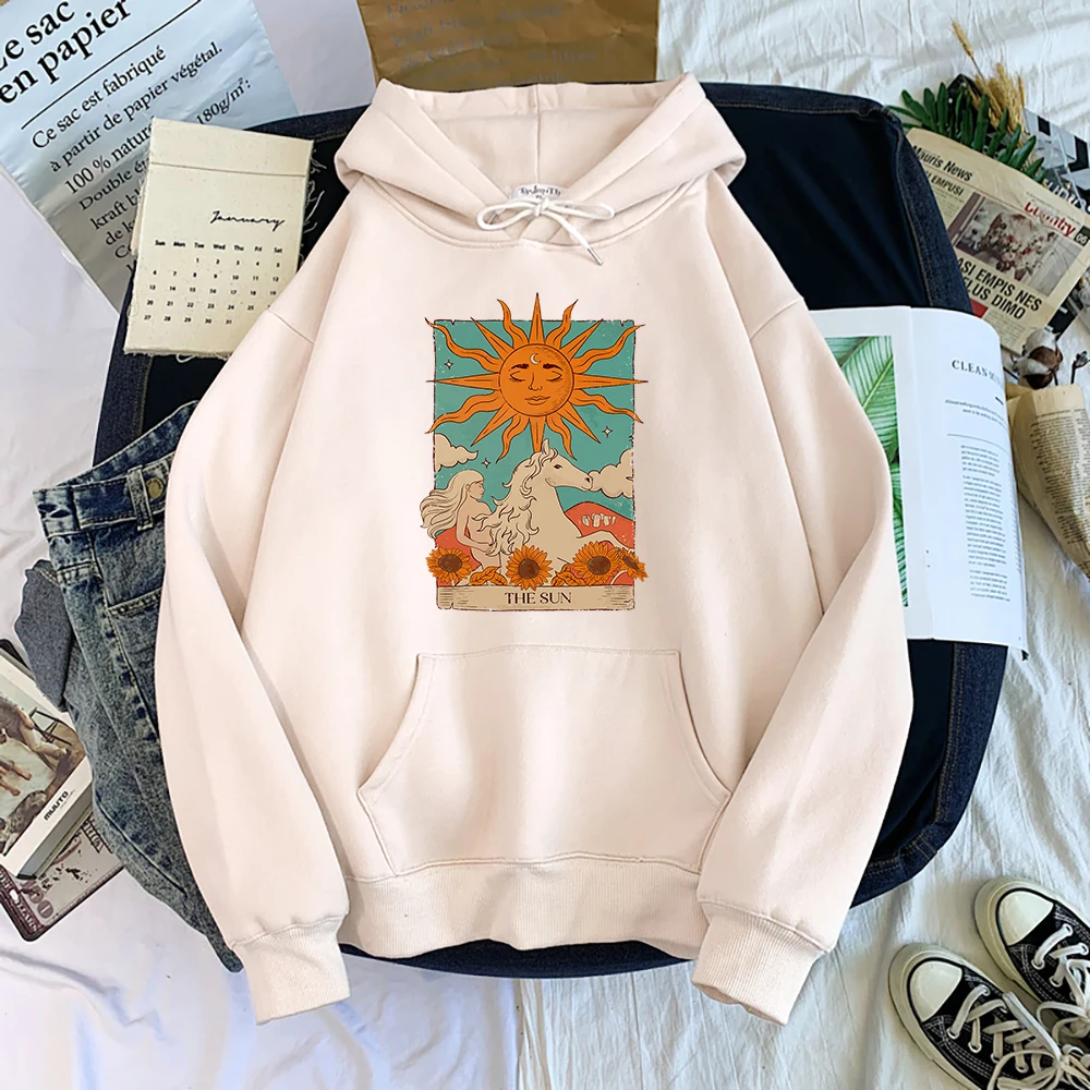 Tarot Card Art The Sun Prints Female Hoodies Fashion Casual Sportshirt Oversize Loose Sweatshirts Warm Fleece Woman Clothing