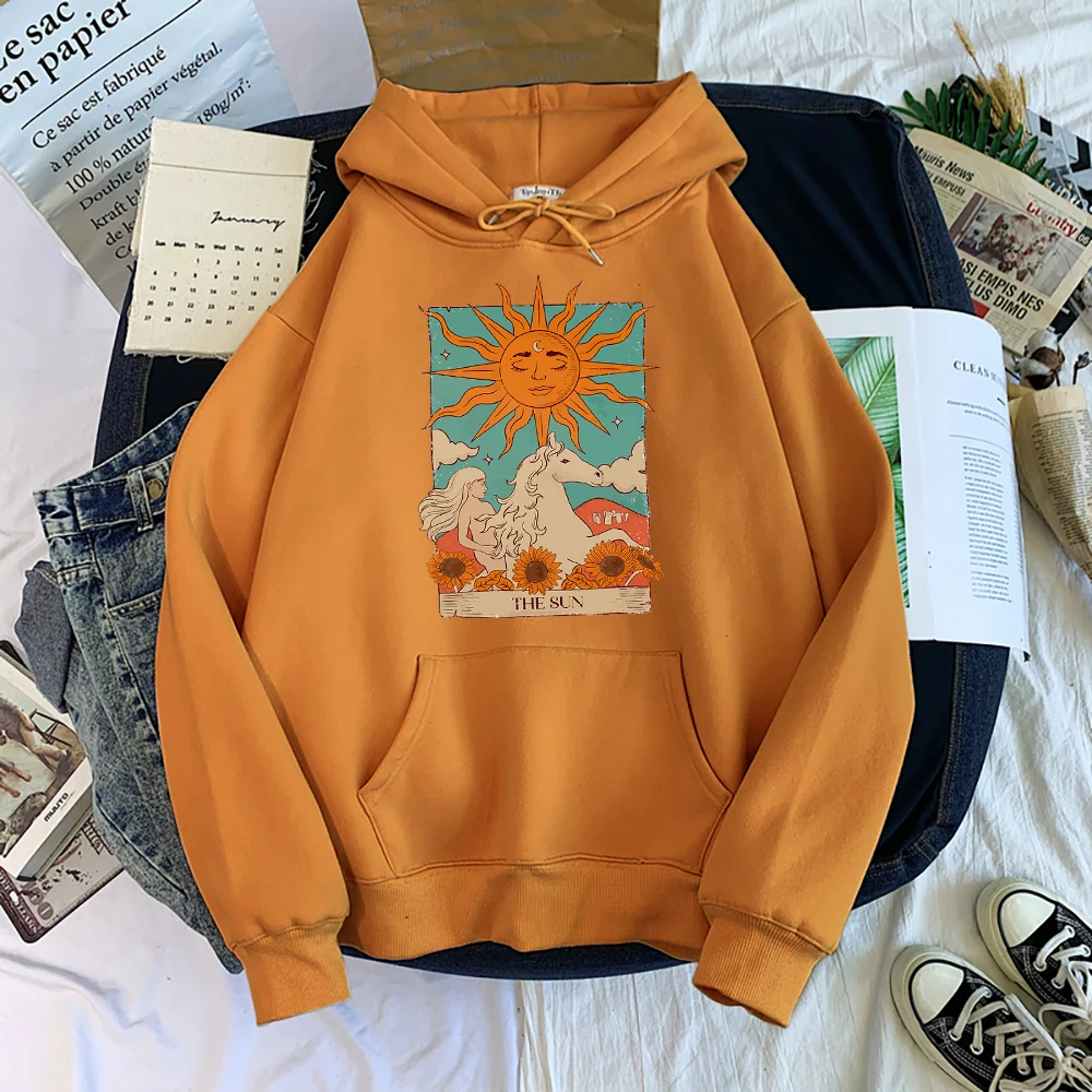 Tarot Card Art The Sun Prints Female Hoodies Fashion Casual Sportshirt Oversize Loose Sweatshirts Warm Fleece Woman Clothing