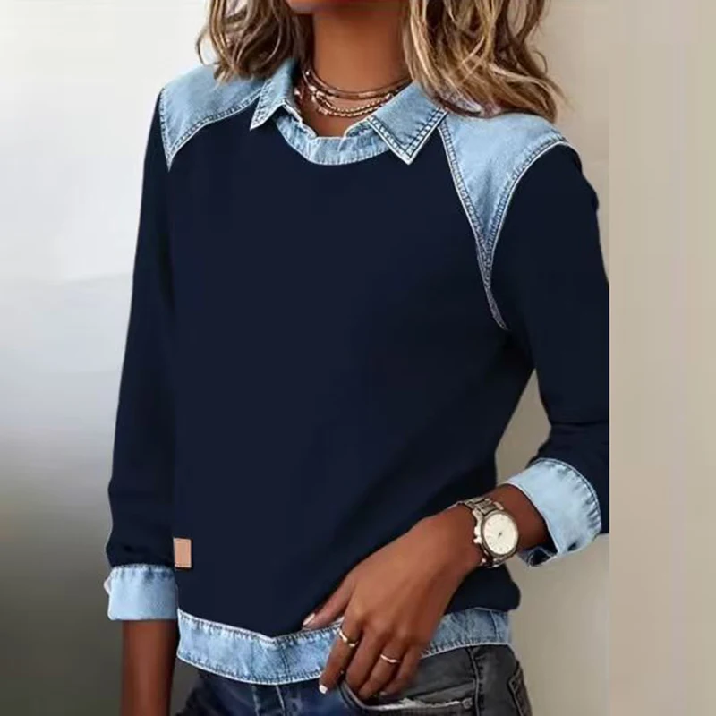 Harajuku Fashion Contrast Denim Woman Sweatshirts Elegant Shirt Collar Patchwork Top Pullovers Autumn Long Sleeve T-shirt Hoodie