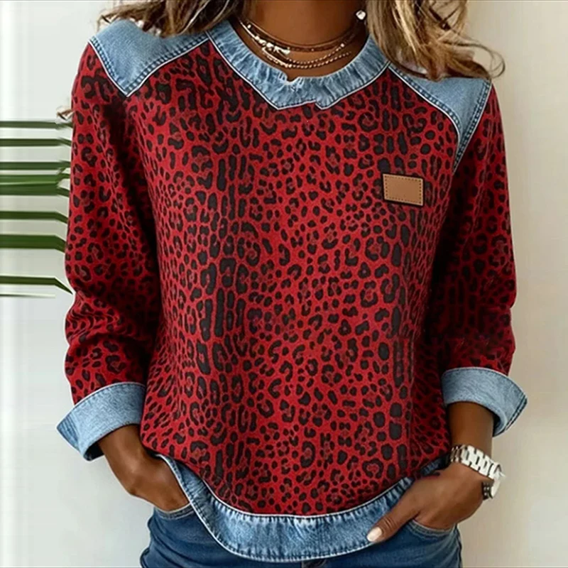 Harajuku Fashion Contrast Denim Woman Sweatshirts Elegant Shirt Collar Patchwork Top Pullovers Autumn Long Sleeve T-shirt Hoodie