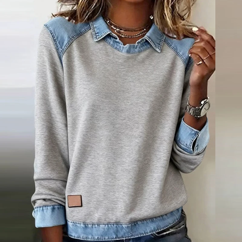 Harajuku Fashion Contrast Denim Woman Sweatshirts Elegant Shirt Collar Patchwork Top Pullovers Autumn Long Sleeve T-shirt Hoodie