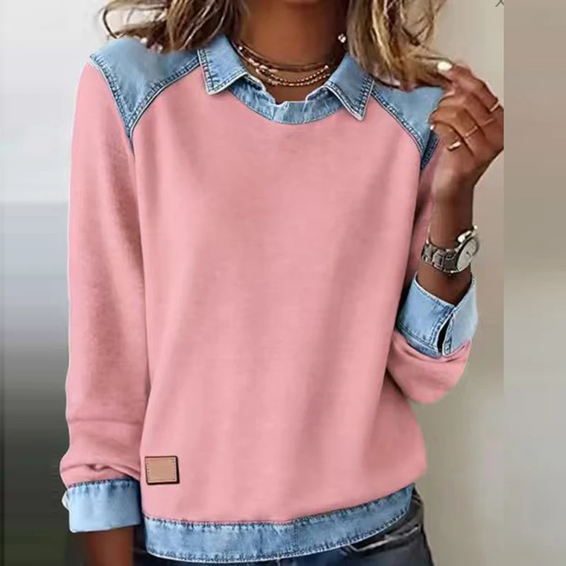 Harajuku Fashion Contrast Denim Woman Sweatshirts Elegant Shirt Collar Patchwork Top Pullovers Autumn Long Sleeve T-shirt Hoodie