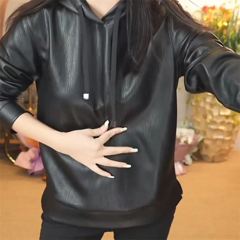 Autumn Winter Casual Leather Hoodie 2025 New Drawstring Hooded Women's Clothes Hoody Black Fleece Thicken Pullover Female Top