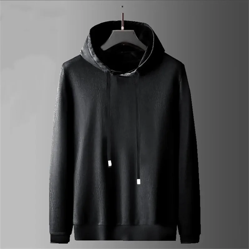 Autumn Winter Casual Leather Hoodie 2025 New Drawstring Hooded Women's Clothes Hoody Black Fleece Thicken Pullover Female Top