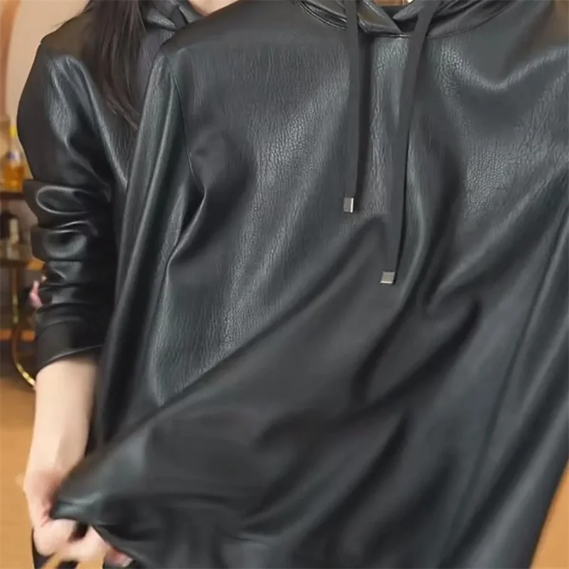 Autumn Winter Casual Leather Hoodie 2025 New Drawstring Hooded Women's Clothes Hoody Black Fleece Thicken Pullover Female Top
