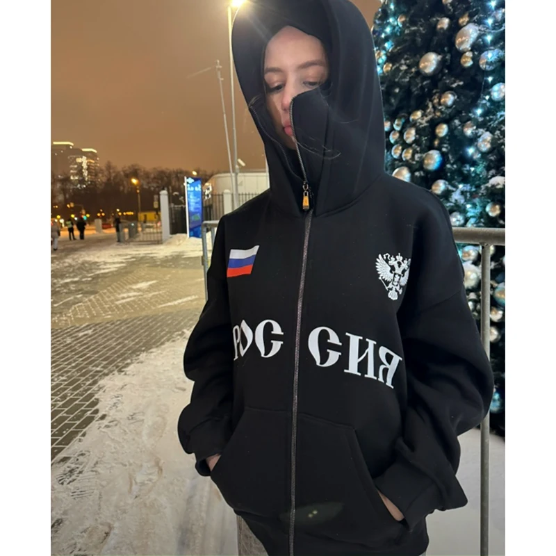 Y2K Clothes Men's Hip Hop Autumn Russia Hot Sale Vintage Double Zip Hoodies Lettering Graphic Hoodies Sweatshirts Casual Jacket