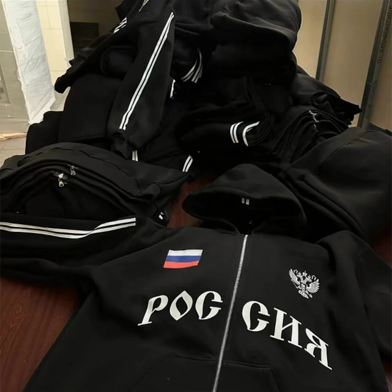 Y2K Clothes Men's Hip Hop Autumn Russia Hot Sale Vintage Double Zip Hoodies Lettering Graphic Hoodies Sweatshirts Casual Jacket