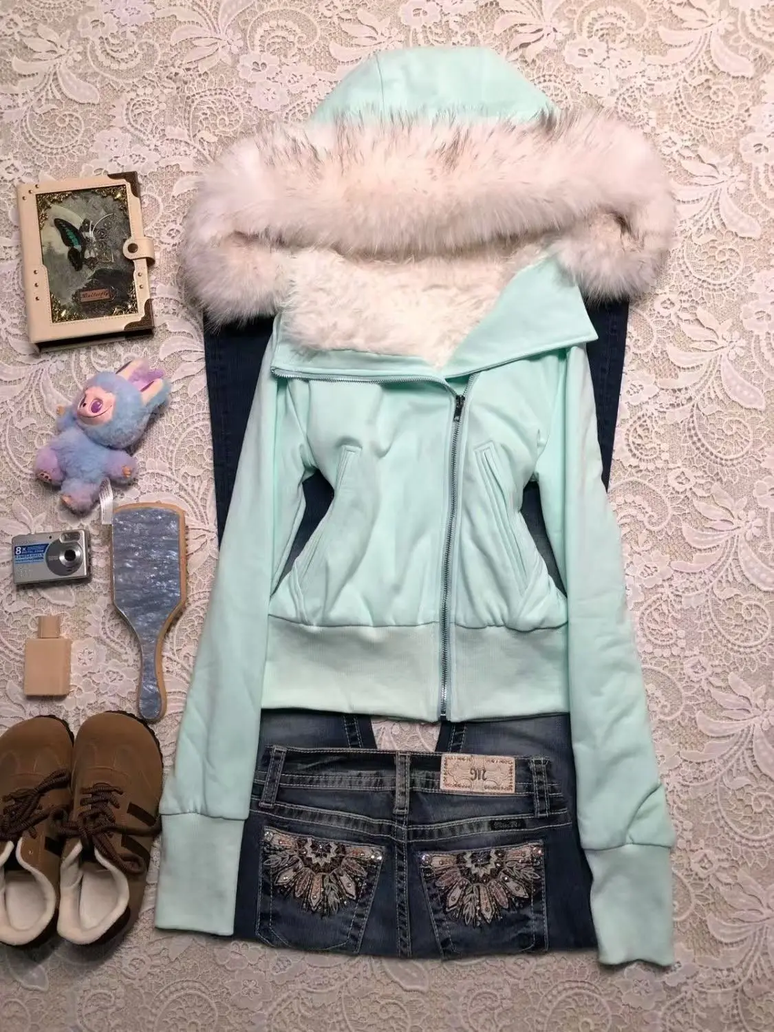 White Hoodie 2000s Cute Clothes Spicy Girls Streetwear High Street Classic Minimalist Unique Casual Jacket Faux Fur Collar Hoody
